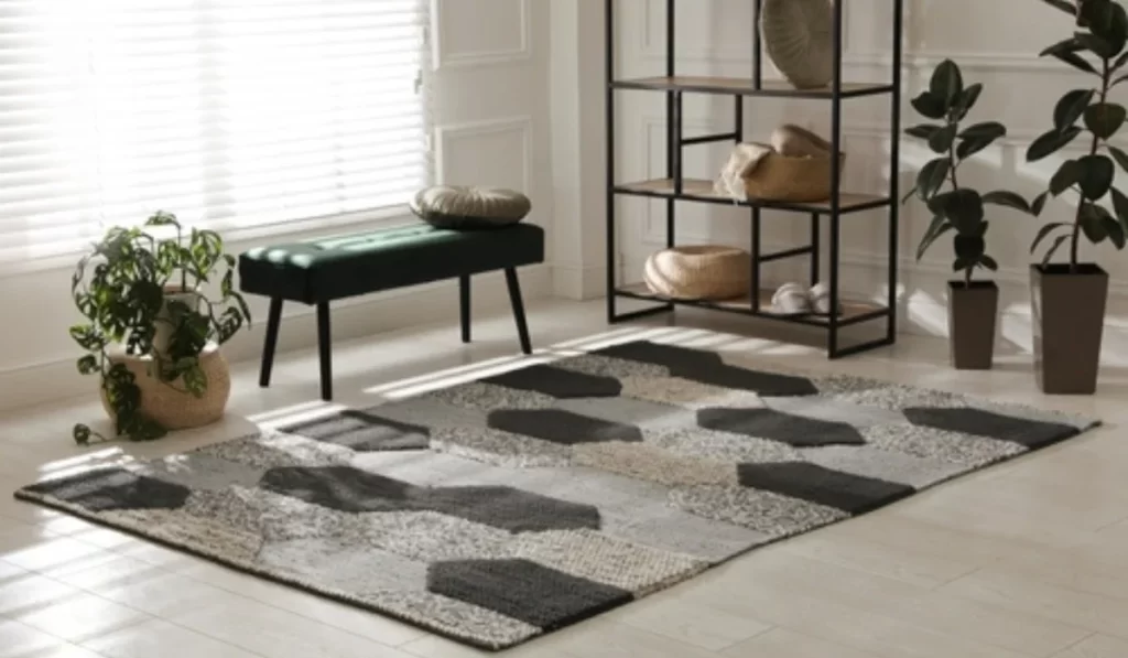 A room with a rug featuring geometric patterns, adding visual interest and style to the space.