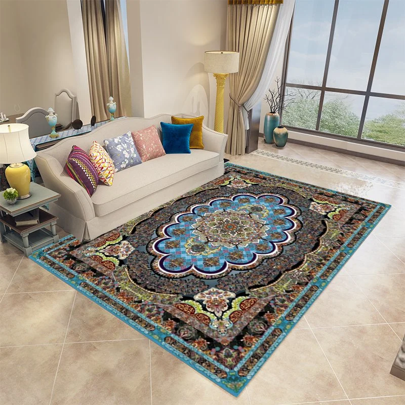 A spacious living room featuring a sizable rug at its center.