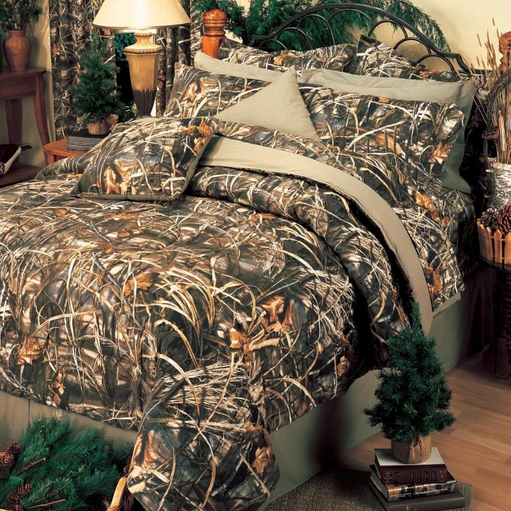 A bed with a camouflage comforter and pillows, providing a cozy and stylish resting place.