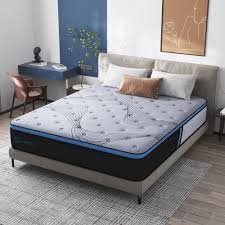 Enhance your bedroom with a blue and gray color scheme showcased in this exquisite mattress.